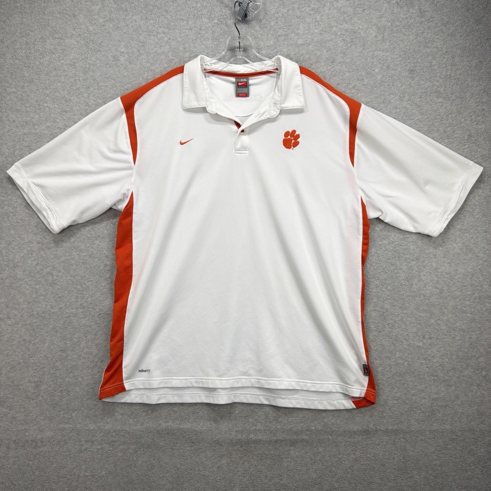 Clemson Tigers Nike Polo Shirt Men XXL White Dri Fit Paw Golf Football Coach Y2K